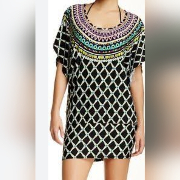 Trina Turk Dress Tunic Swimsuit Beach Pool Cover Up Kon Tiki Slouchy Sleeves - Picture 2 of 9